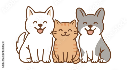 Cute Dog and Cat Cartoon Trio  Adorable Pet Animal Illustration