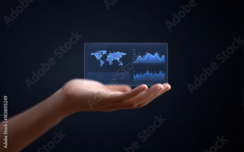 Business hand holding futuristic hologram with financial chart and world map showing global investment growth concept with digital data analysis on dark background