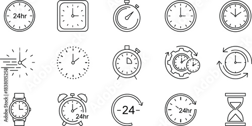Time Management Outline Icons Set, Including Clock, Alarm, Stopwatch, 24 Hour Cycle, Hourglass, Watch, Deadline, and Time Measurement Vector Stock Illustration