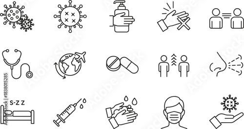 Virus and Health Care Outline Icons Set, Including Coronavirus, Hand Sanitizer, Vaccine, Mask, Social Distance, Symptoms, and Prevention Vector Stock Illustration