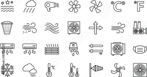 Weather and HVAC Outline Icons Set, Including Air Conditioning, Fan, Temperature, Cloud, Sun, Wind, Climate Control, and Cooling System Vector Stock IllustrationWeather and HVAC Outline Icons Set