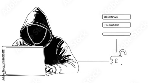 Anonymous hacker wearing a hood types on a laptop, symbolizing cybercrime and data breach with login fields and padlock.