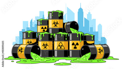 Hazardous waste barrels with toxic green liquid overflowing in front of city skyline illustration