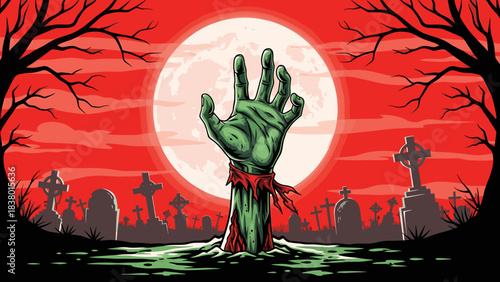 Undead zombie hand emerges from graveyard under a blood moon, unsettling horror scene.