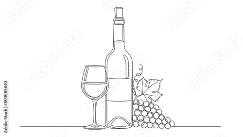 Single line drawing of a wine bottle, glass, and grape cluster, isolated on white background.