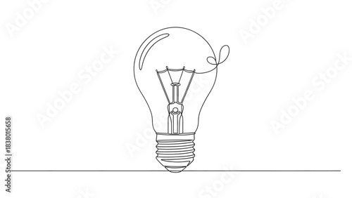 Simple continuous line drawing of an incandescent light bulb, symbolizing ideas, creativity, and innovation.