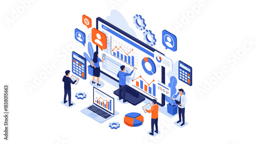 Isometric business people analyzing charts and data on a computer screen, laptop, and calculator