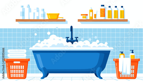 Blue bathtub filled with foam and bubbles, surrounded by bathing essentials and clean towels.
