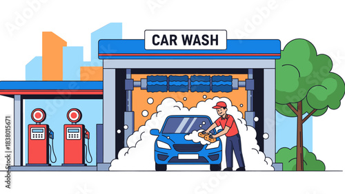 Man washing blue car at automatic car wash station with gas pumps and cityscape background, clean vehicle service.
