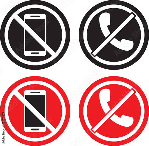 No phone icon set. Warning sign no phone. Turn off phone icon symbol. no phone allowed icon set with red prohibition symbol for signboard and warning design black and read colors, indicates prohibiti