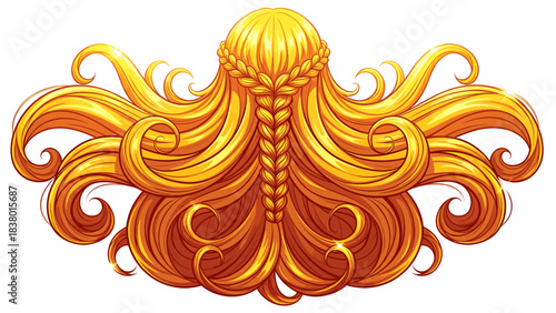 Detailed illustration of flowing golden hair with a central braid and intricate curls, shimmering highlights