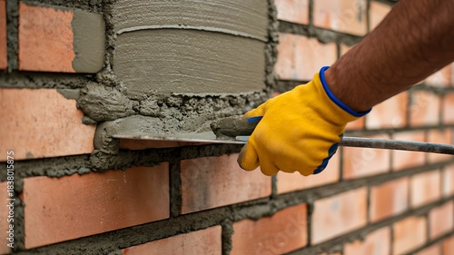 Worker applying cement mortar on brick wall during construction process
