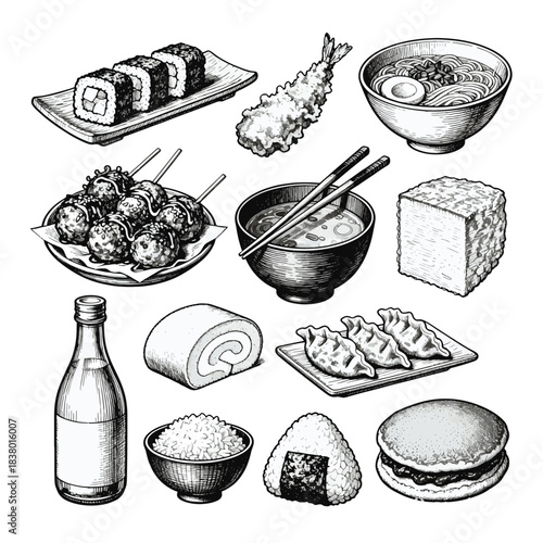 Hand Drawn Japanese Food and Drink Line Art Vector
