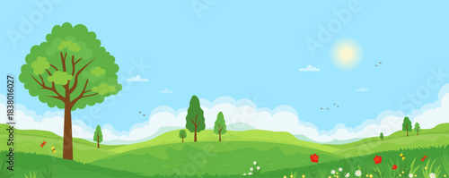 Spring Landscape with Green Hills, Trees, blooming Flowers and Blue Sky with clouds. Sunny Seasonal Nature background. Refreshing outdoor atmosphere. Vector flat horizontal illustration. Not AI