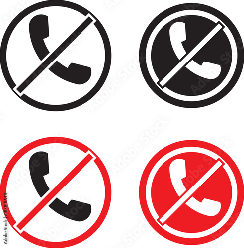 No phone icon set. Warning sign no phone. Turn off phone icon symbol. no phone allowed icon set with red prohibition symbol for signboard and warning design black and read colors, indicates prohibiti