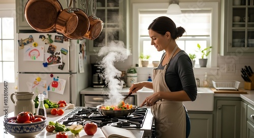 Woman cooking in a bright kitchen with steam rising from the pan.