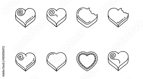 Collection of heart shaped cakes and desserts in a simple silhouette style