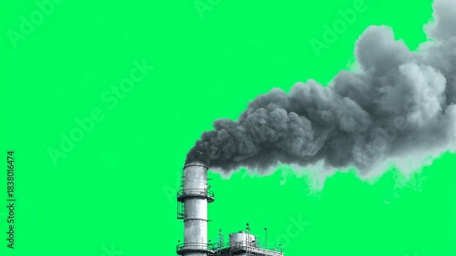 Industrial smokestack emitting dark smoke pollution emission factory industrial chimney plume environmental hazard gloomy green background