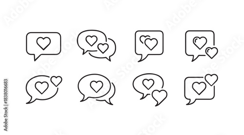 Collection of eight hand drawn speech bubble icons with hearts in a silhouette style