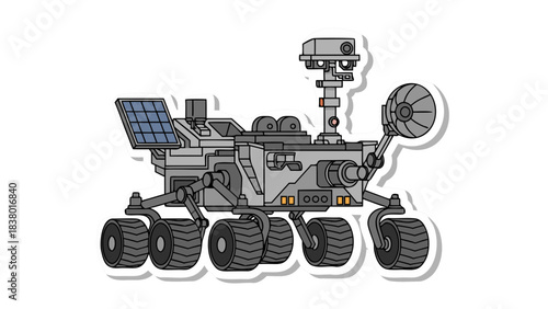 An Illustrated Space Exploration Rover with Solar Panels and Robotic Arm on a Black Background