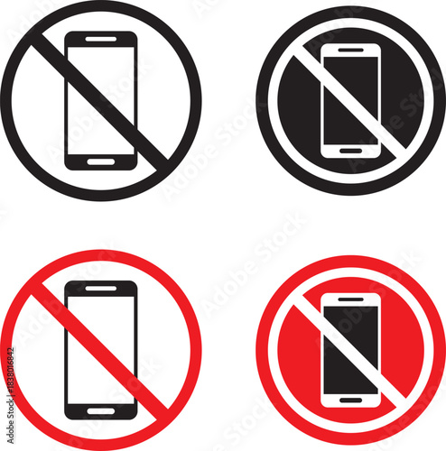 No phone icon set. Warning sign no phone. Turn off phone icon symbol. no phone allowed icon set with red prohibition symbol for signboard and warning design black and read colors, indicates prohibiti
