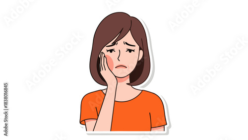 Anxious Woman With Hand On Cheek Showing Jaw Pain And Redness Symptomatic Of Toothache Or Gum Disease Expressing Discomfort And Suffering With Orange Shirt Against Black Background