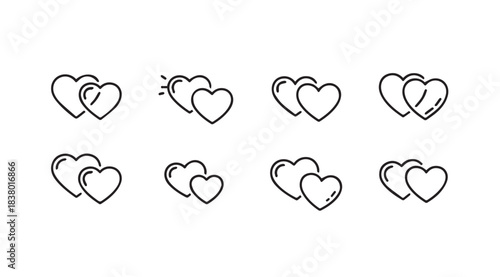Collection of eight simple black and white heart silhouettes for design and decoration silhouette