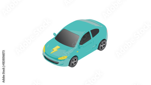 Aqua Blue Electric Hatchback Car with Yellow Lightning Bolt Emblem Isolated on Black Background Isometric View
