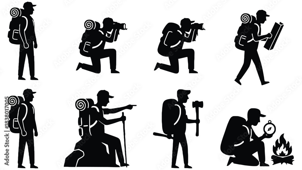 Obraz premium Hiker silhouettes in various outdoor activities