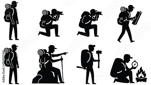 Hiker silhouettes in various outdoor activities