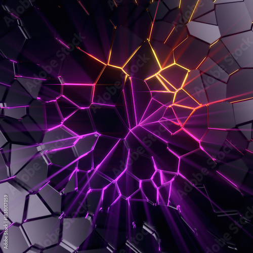 Abstract background featuring glowing neon cracks that pierce dark geometric shapes. 3d rendering