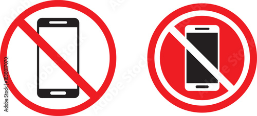 No phone icon set. Warning sign no phone. Turn off phone icon symbol. no phone allowed icon set with red prohibition symbol for signboard and warning design black and read colors, indicates prohibiti