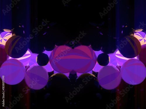 Hypnotic dark spheres in space with pulsating violet light resembling energy waves. 3d rendering illustration