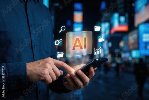 AI technology enhancing SEO strategy on mobile device with data analysis, content optimization, and keyword tracking. Smart artificial intelligence for digital marketing and online visibility.