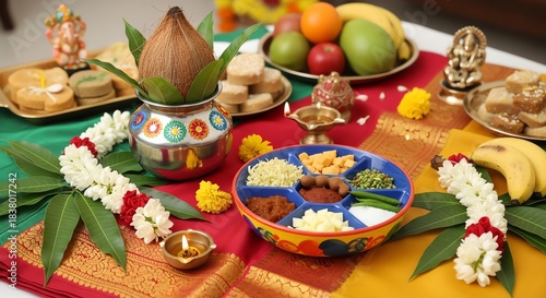 Fototapeta Naklejka Na Ścianę i Meble -  Indian festival offering with fruits and coconut