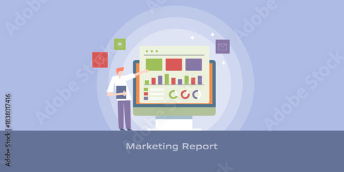 Data analyst navigates sales and marketing report, data sources connected with KPI and multiple channel performance graph visualization on digital screen.