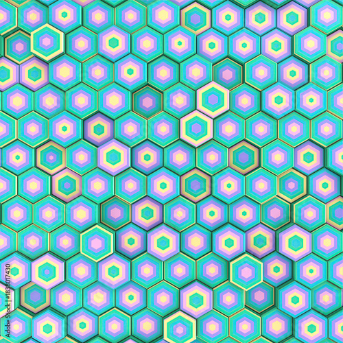 A vibrant background of hexagons in shades of turquoise, pink, and yellow. 3d rendering