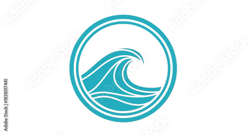 Stylized ocean wave in a circular frame, vibrant blue design.