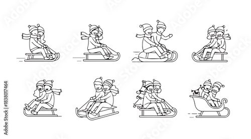 Collection of eight different silhouette illustrations of people enjoying winter sledding activities silhouette