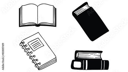 Various books and notebooks in black and white