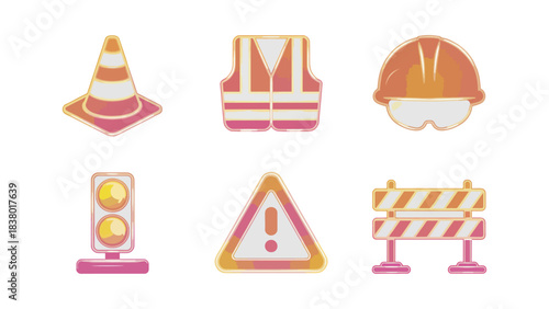 Construction safety icons set cone vest helmet signal sign barrier