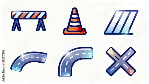 Road construction icons barrier cone road signs curve intersection illustration