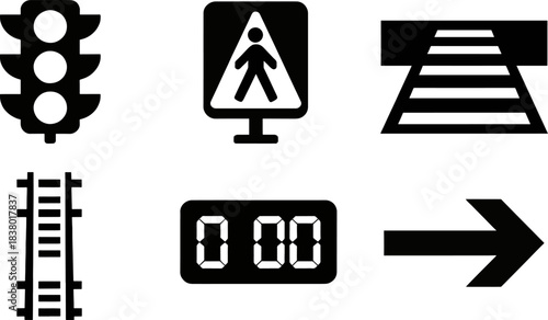 Road safety symbols pedestrian crossing traffic signals and digital display