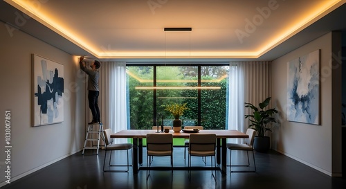 Elegant modern dining room with cove lighting and a view of the garden.