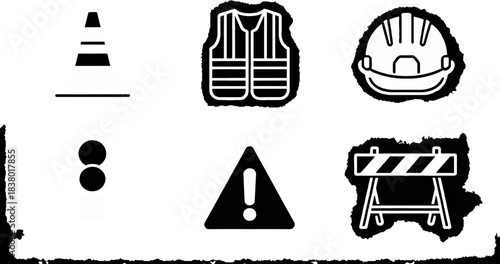 Safety icons construction site equipment and warning symbols