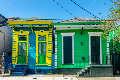 Close up of colorful wooden shotgun houses, creole cottage architecture in New Orleans, Louisiana
