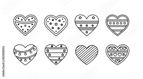Collection of eight decorative heart shapes with various patterns in silhouette