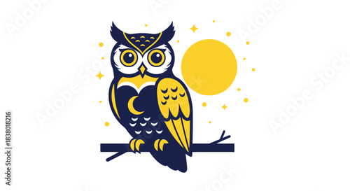 Stylized owl perched on a branch at night with a full moon.