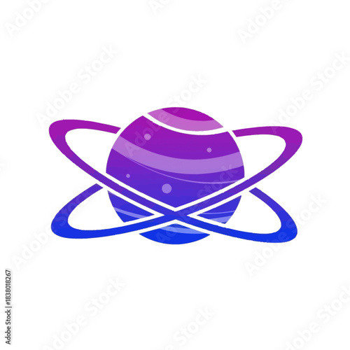 Stylized purple and blue planet with intersecting rings, representing a celestial body or atom.