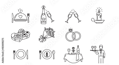 Collection of wedding and celebration icons in a charming silhouette style silhouette